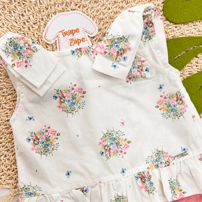 Conj. Batinha Buquê de Flores Coloridas e Short - Off White e Rose